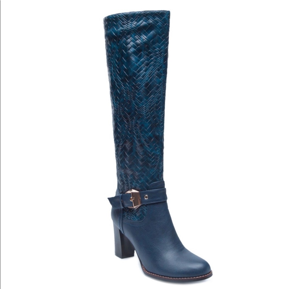 Navy Blue Boots with Heel and Buckle Detail